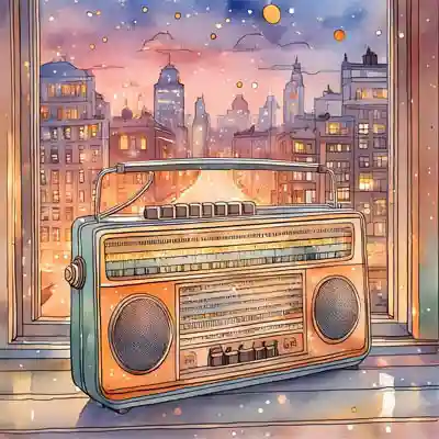 watercolour style artwork of a radio on a window ledge looking out to busy street lights