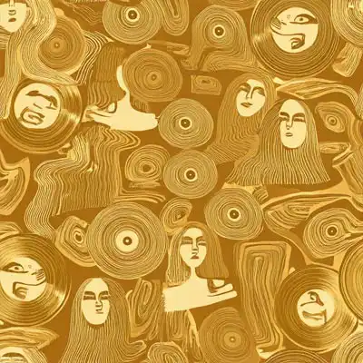 Abstract gold monochromatic illustration of vinyl and female portraits