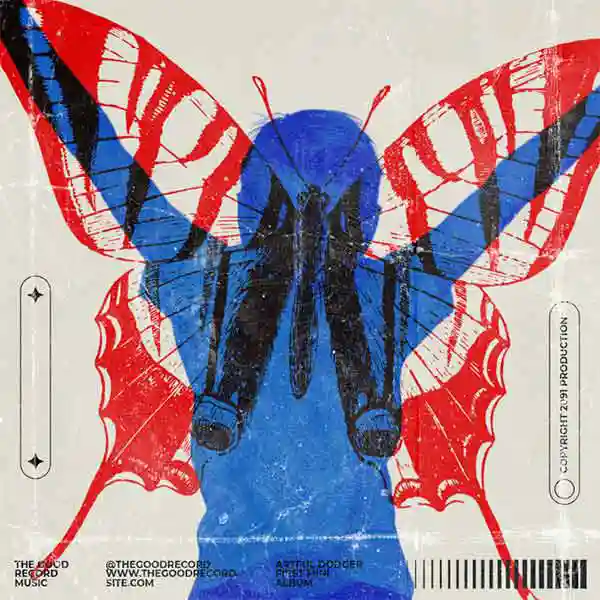 blue silhouette of boy with red butterfly wings