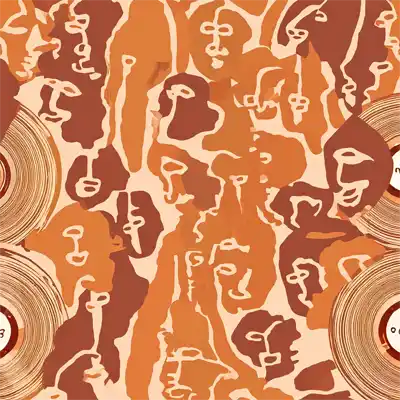 Abstract monochromatic orange illustrated faces and vinyl