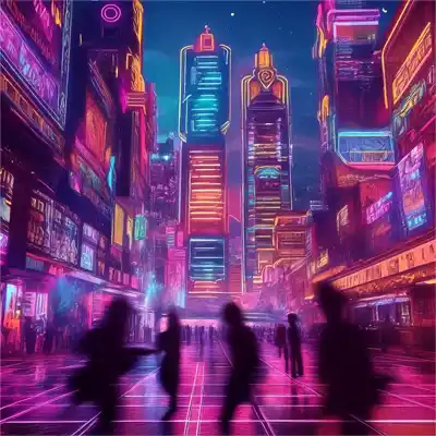 Futuristic illustration neon lights on tall builings in the background with busy blurred silhouettes in the foreground.