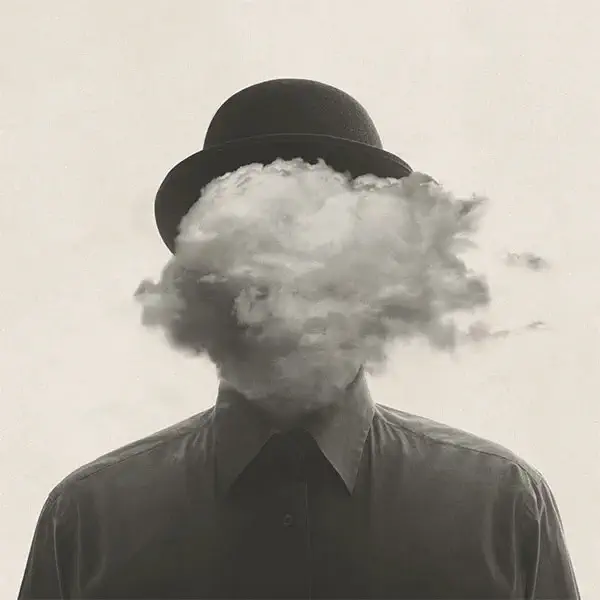 surrealism style photo of a person whose face is a cloud wearing a bowler hat